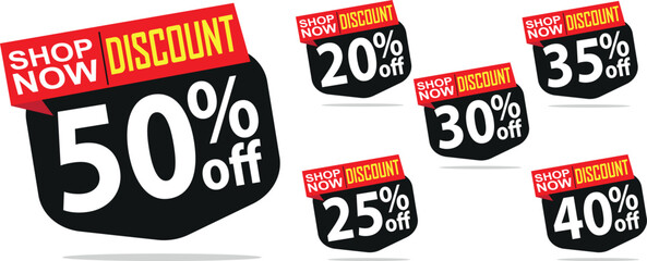 Discount Tags Vector Set, Popup Shop Now Liquid Shape, 50, 20, 35, 30, 25, 40 Off, Red Black EPS Element