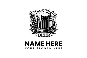 vector logo of a frothy beer mug with barley stalks, perfect for brewery or pub branding