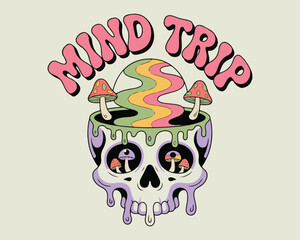 Psychedelic skull mind trip illustration with groovy mushrooms and melting design