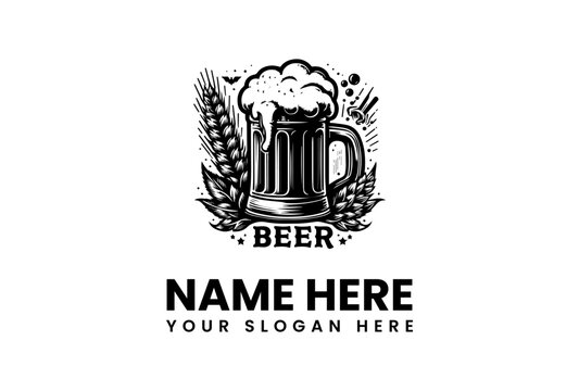 vector logo of a frothy beer mug with barley stalks, perfect for brewery or pub branding