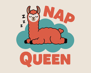 Nap queen llama illustration with sleeping animal on a blue cloud design