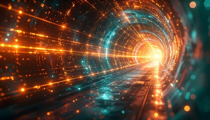 Glowing, futuristic tunnel with a bright light at the end, adorned with vibrant orange and teal lights