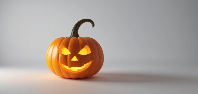 Carved glowing Halloween pumpkin with a wickedly smiling face and stem