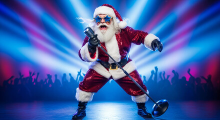 Obraz premium Santa Claus with star glasses sings into a vintage microphone on a stage with crowd silhouettes, representing holiday celebration and festive joy