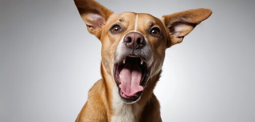 Close up of a medium sized brown dog with mouth wide open panting or yawning
