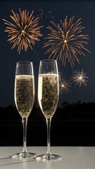 Two Glasses of Bubbly Champagne Ready to Celebrate a Spectacular New Year's Eve Fireworks Display Outdoors