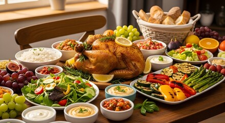 Abundant table setting with roasted chicken and various food dishes ready to eat