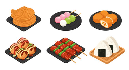 An isometric illustration set featuring classic Japanese snacks like fish-shaped taiyaki, colorful dango, savory takoyaki, grilled yakitori, rice-filled onigiri, and crispy croquettes