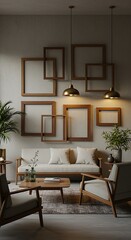 Modern Living Room Interior with Wooden Furniture and Empty Picture Frames Decorating the Wall Home Decor and Interior Design