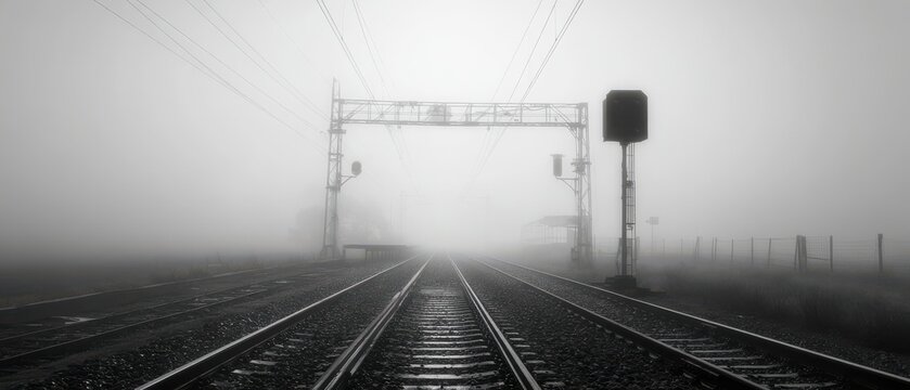 Foggy Train Tracks Disappearing into Mist Black and White Low Angle View of Railway and Overhead Lines - Powered by Adobe