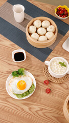 Fresh Chinese Breakfast with Delicious Xiao Long Bao Steamed Buns and Fried Egg Combo