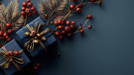 Naklejka premium Christmas gifts decorating with golden branches and red berries