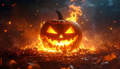 Glowing Jack-o'-lantern engulfed in flames against a dark backdrop, creating a spooky and intense scene