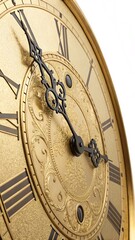 A Close Up View Of The Intricate Golden Face Of An Antique Grandfather Clock With Roman Numerals And Ornate Hands Showing The Time As It Approaches Midnight On New Year's Eve