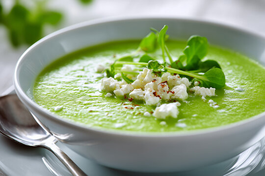Green soup with feta and watercress in white bowl, overhead food photography, soft natural light, elegant presentation.
