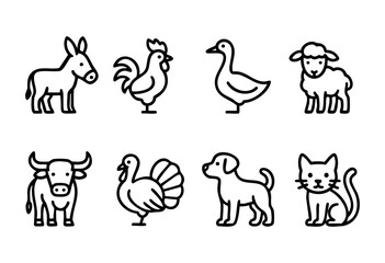 Obraz premium Various farm animal icons are displayed in black and white line art style, including a donkey, rooster, goose, sheep, cow, turkey, dog, and cat, perfect for creative projects.