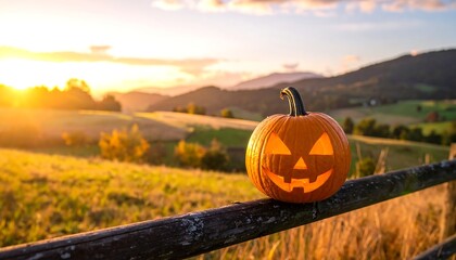 Glowing Jack-o'-lantern on a weathered wooden fence, autumnal meadow and rolling hills at sunset in soft focus