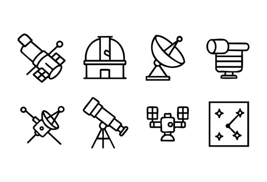 This visual features different types of astronomy instruments including telescopes, observatories, and satellite dishes used for observing stars and planets.