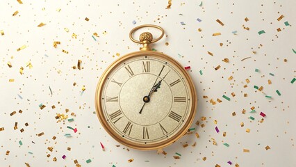Golden Pocket Watch With Roman Numerals on a White Background Surrounded by Colorful Confetti Celebrating the Start of the New Year Festive Celebration Occasion Time