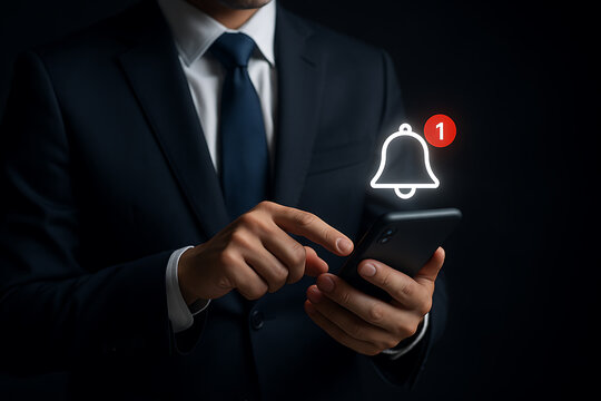 Businessman receiving smartphone notification symbolizing message alert technology communication and information connection