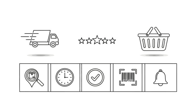 Flat outline vector icons for online shopping, shipping, tracking, rating, and delivery service elements.