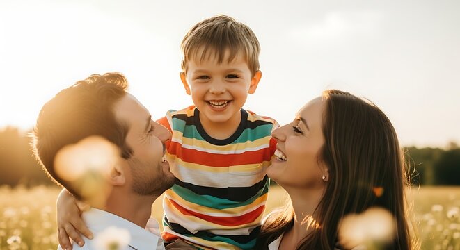 A happy family poses outdoors, bathed in warm sunlight. Parents smile while embracing a joyful child
