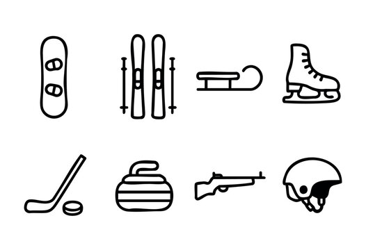 Display of different winter sports equipment such as skis, snowboards, sleds, and ice skates arranged in a minimalist design, perfect for winter enthusiasts. - Powered by Adobe