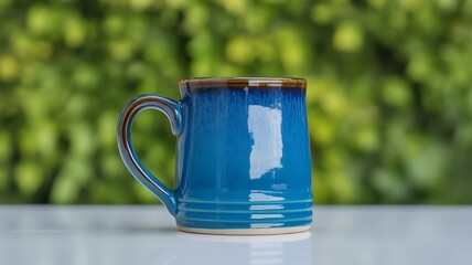 A blue mug on white surface