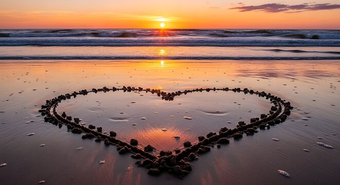 A heart shape drawn in sand on a beach at sunset, with waves rolling in and the sun setting on the horizon