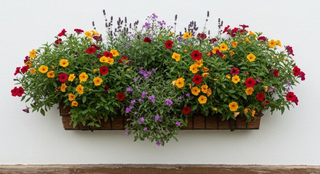 Flower box blooms abundantly on white wall
