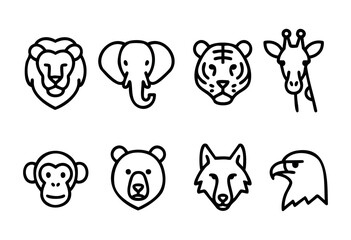 Obraz premium Icons of different animals are displayed in a clean line art style. The collection features a lion, elephant, tiger, giraffe, monkey, bear, wolf, and eagle, showcasing unique designs.