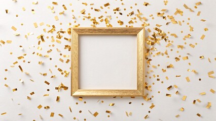 A Festive Golden Square Frame on a White Background with Scattered Gold Confetti Celebrating New Year Occasion