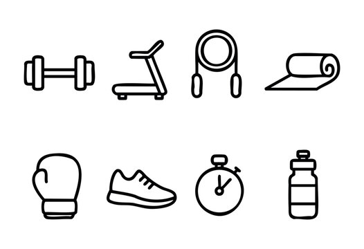Various fitness equipment icons are displayed, featuring dumbbells, a treadmill, a jump rope, a mat, boxing gloves, running shoes, a stopwatch, and a water bottle for workouts.