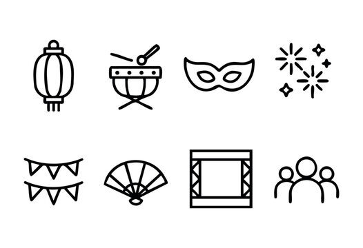 A collection of festive symbols including lanterns, drums, masks, fireworks, and fans reflects cultural celebrations and joyful community gatherings in various settings.