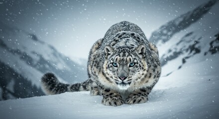 Snow Leopard Stares Intently in Winter Mountains