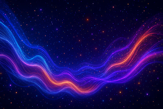 Colorful flowing neon wave lines on a starry dark cosmic background creating futuristic abstract digital energy design