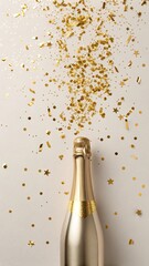 Sparkling Golden New Year Celebration Champagne Bottle with Confetti and Stars Creating a Festive Atmosphere