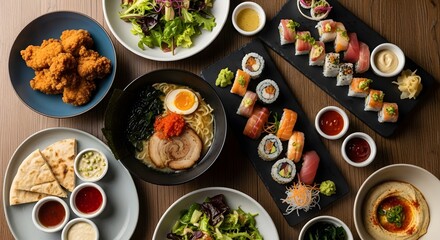Assorted dishes displayed on a table top culinary delights in a flat lay