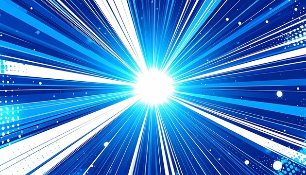 Dynamic anime explosion with blue and white starburst motion lines and halftone dots in manga comic style. Energetic action background design.