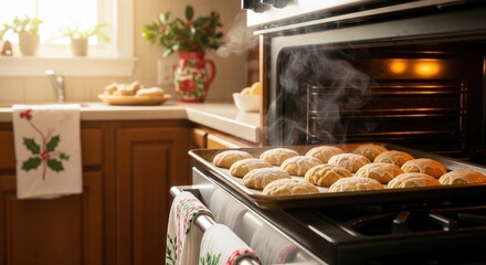 A tray of hot, steaming cookies fresh from the oven in a kitchen. This scene evokes a warm, festive feeling of holiday baking. Ideal for food blogs, recipes, or seasonal marketing.