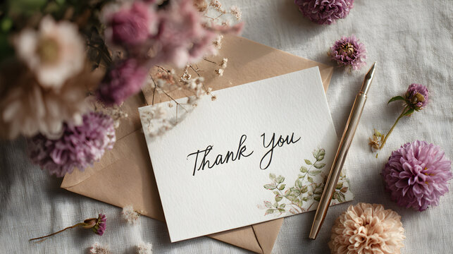 Elegant Thank You card with flowers and pen on linen background representing International Thank You Day appreciation and gratitude
 - Powered by Adobe