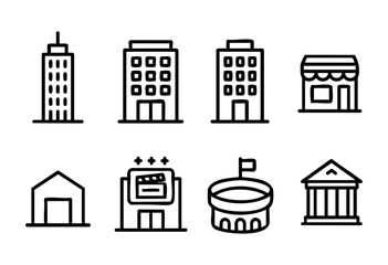 Fototapeta premium Simple outlines of different types of buildings, including skyscrapers, shops, and a stadium, highlight urban architecture in a cityscape.