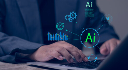 Businessman uses laptop with an AI ecosystem dashboard, showing data analysis, generative AI, automation, and strategy.