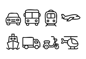 Various types of transportation are shown in clear line drawings, including cars, buses, trains, planes, boats, and motorcycles, creating a visual representation of travel options.