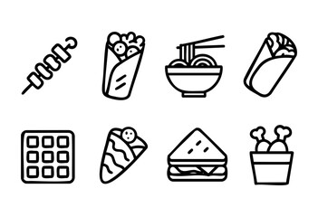 Different types of food are represented, including skewers, wraps, noodles in a bowl, sandwiches, and desserts, all in a minimalistic design suitable for a menu or food guide.