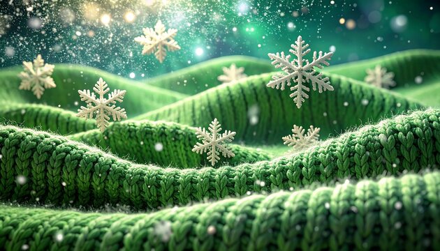Green knitted hills with snowflakes falling. Bokeh lights glow in the background - Powered by Adobe