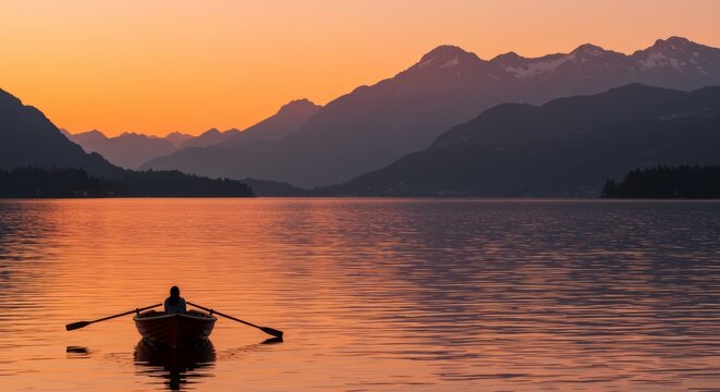 Person Rowing Boat at Sunset on Mountain Lake