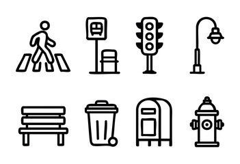 Fototapeta premium Graphic symbols illustrate urban features, including a pedestrian crossing, bus stop, traffic light, lamp post, bench, trash can, mailbox, and fire hydrant, representing city life.