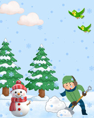 Cute cartoon snowman and boy playing in the snow isolated on white background