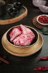 Fresh Rabbit Head Meat in Traditional Wooden Bowl - Chongqing Chinese Cuisine Delicacy with Spices